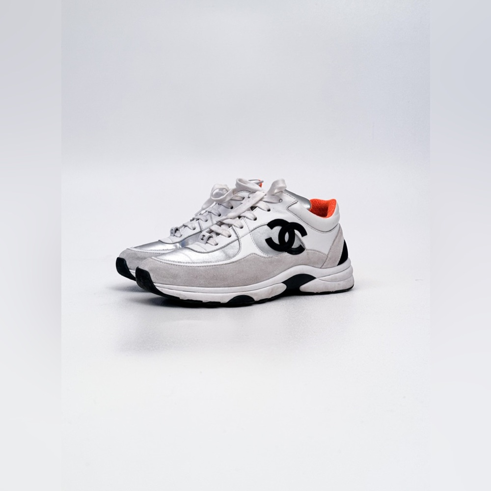Chanel Orange and White CC Logo Sneakers